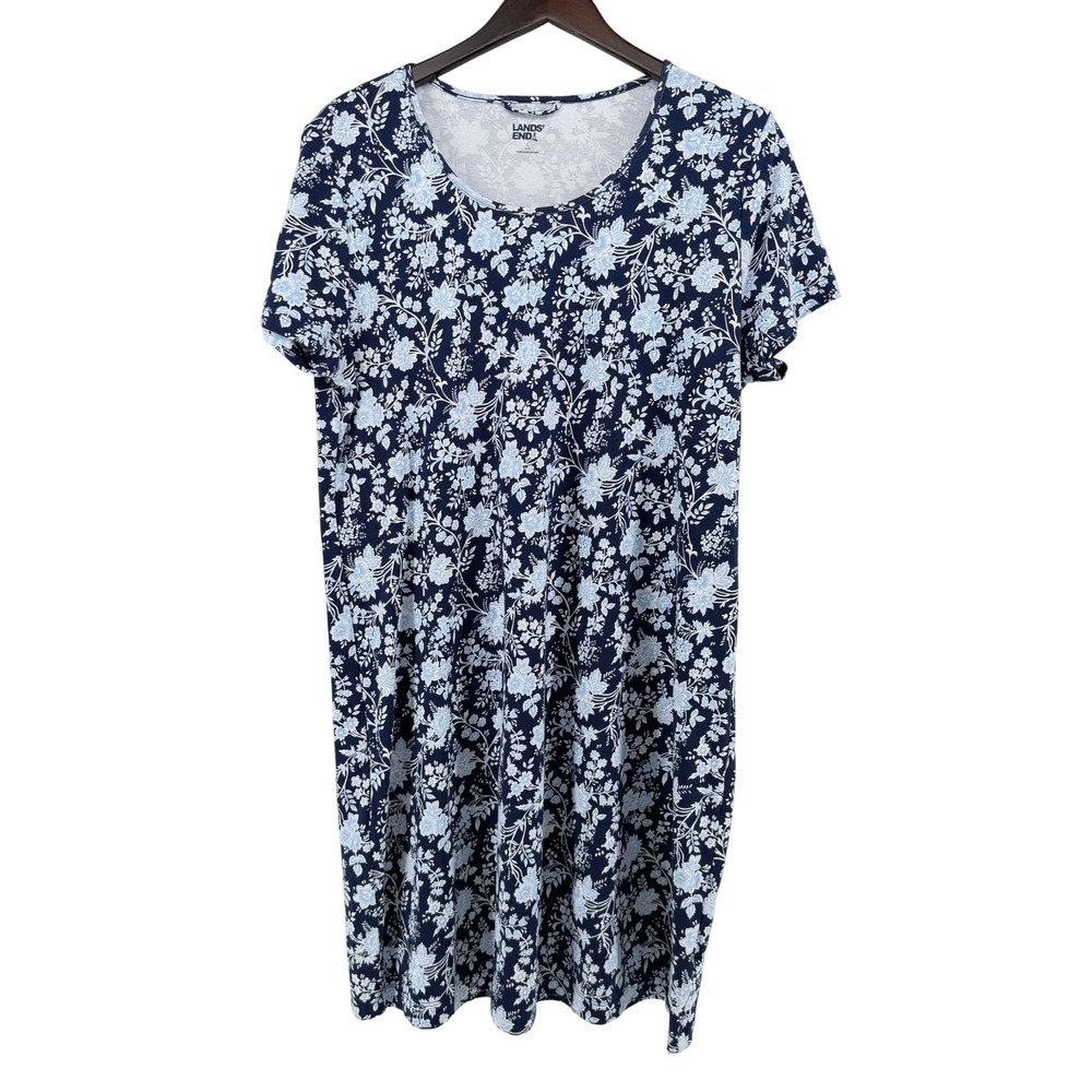 Lands End Womens Blue Floral Cotton Short Sleeve Dress Large 14-16 Comfy Soft